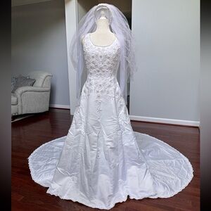 Michaelangelo White Beaded Princess Ethereal Feminine Wedding Dress with Veil